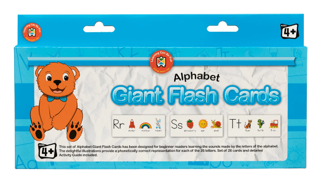 Alphabet giant flash cards box with teddy bear character and illustrated letter tiles