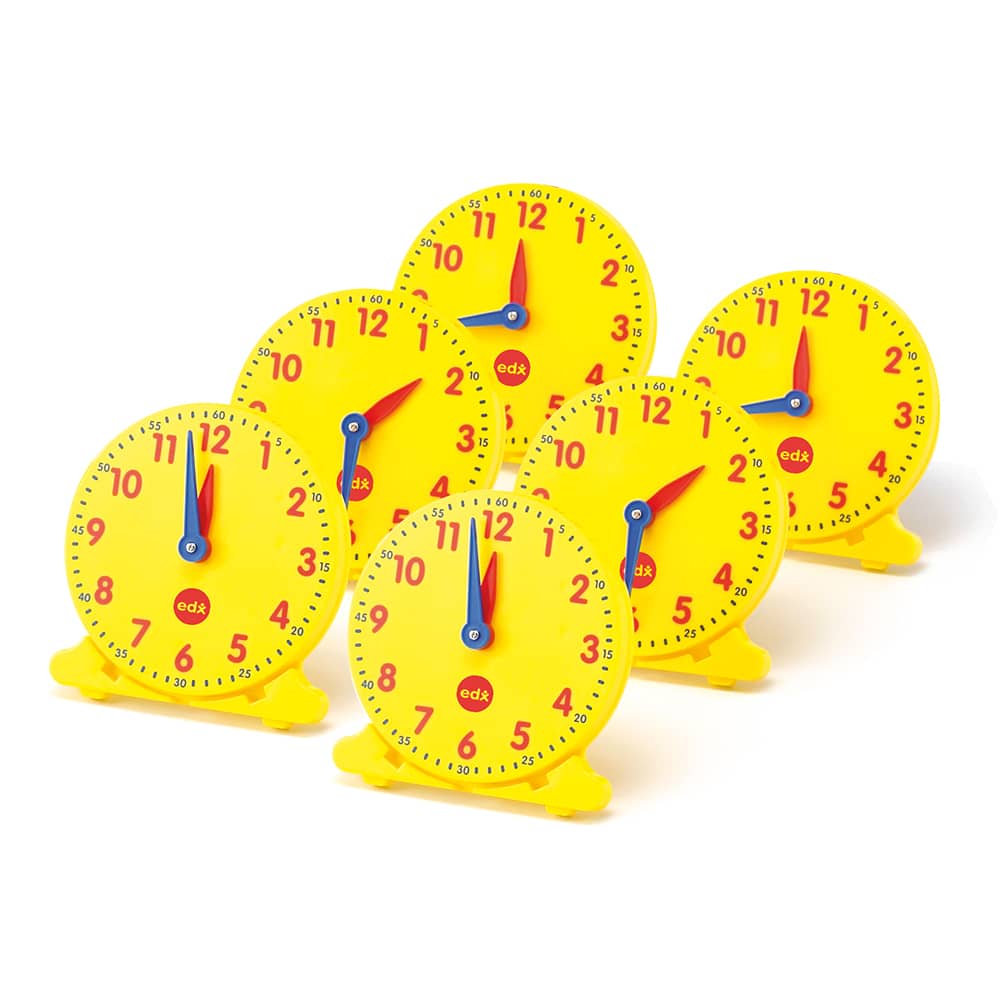 Set of six 10cm analogue student clocks with yellow faces and blue hands