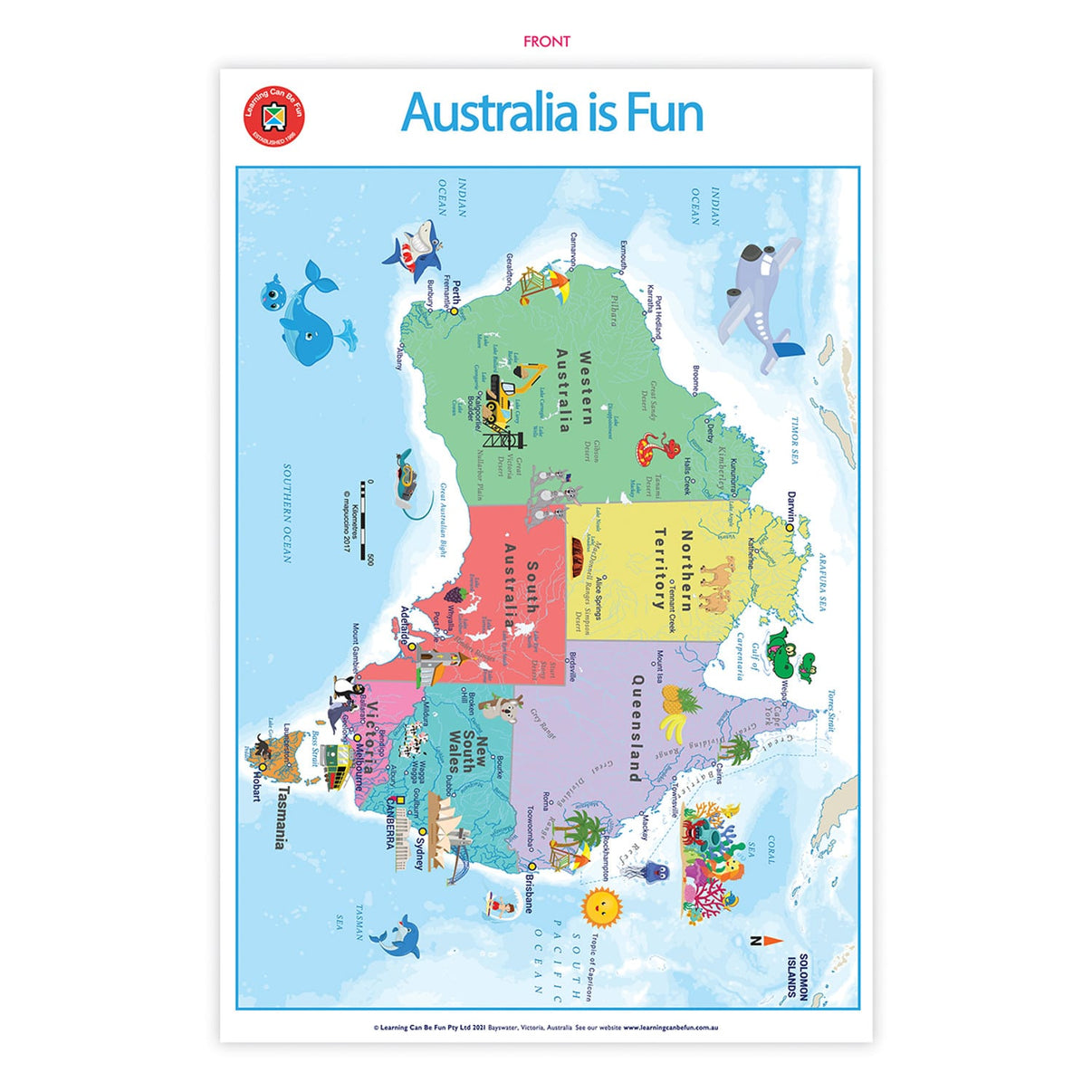 Learning poster with colorful Australia map regions and illustrated icons, 'Australia is Fun'
