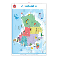 Learning poster with colorful Australia map regions and illustrated icons, 'Australia is Fun'