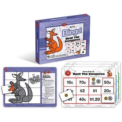 Money Bingo board game set with kangaroo theme, play cards and score sheets