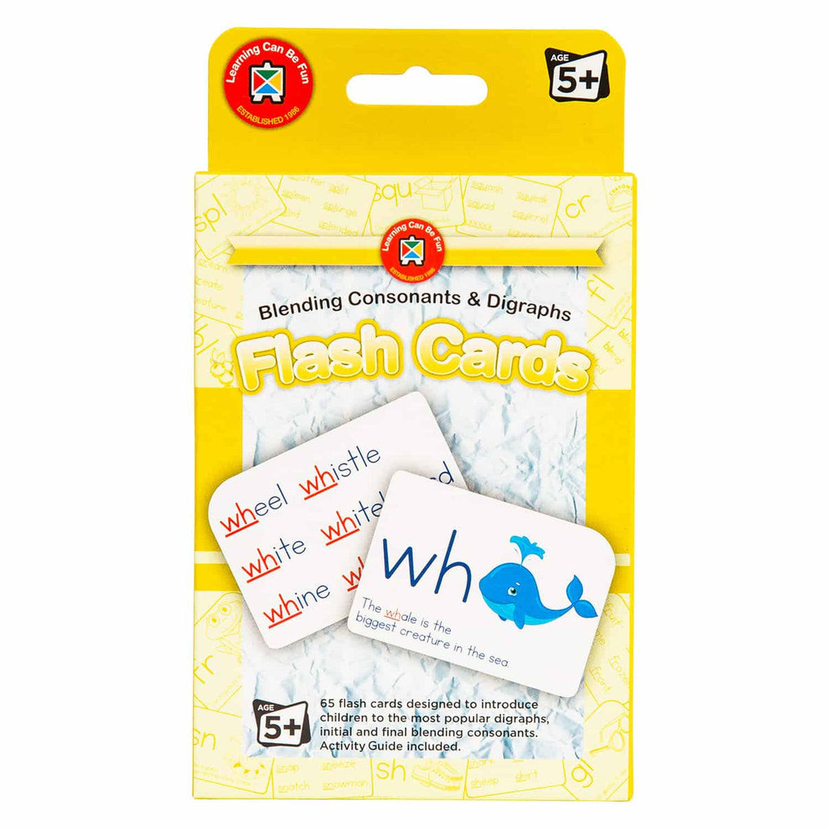 Kids blending consonants & digraphs flash card set in yellow box with sample cards