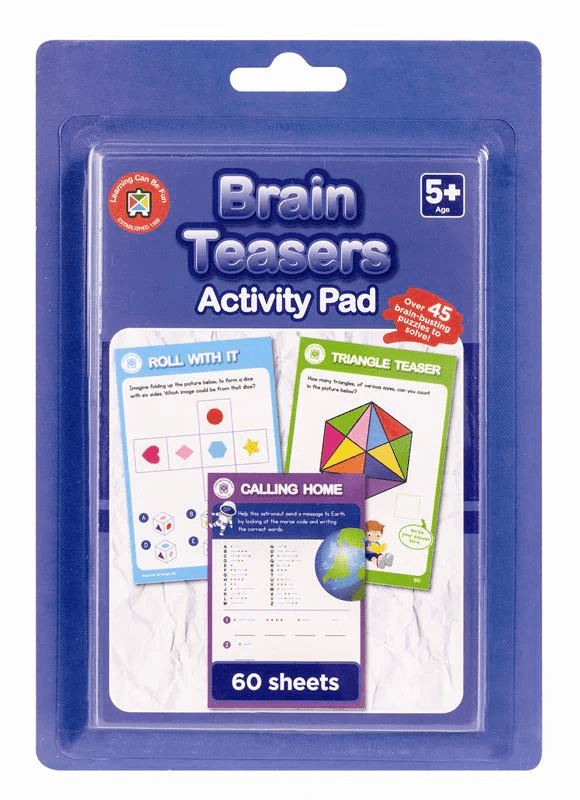 Brain Teasers activity pad in blue blister pack, age 5+ and 60 sheets