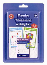 Brain Teasers activity pad in blue blister pack, age 5+ and 60 sheets