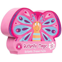 Butterfly-shaped jigsaw puzzle box with pink and blue butterfly design, 50 pieces