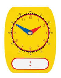 Yellow learning clock toy with analog hands, numbered dial, and wipe-off write screen