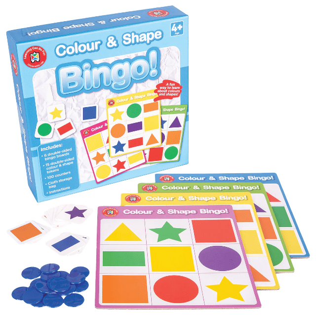 Colour and Shape Bingo board game set with bingo boards, tokens, and counters.
