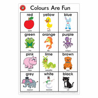 Learning colors poster with labeled animals: red, yellow, blue, green, orange, purple, pink
