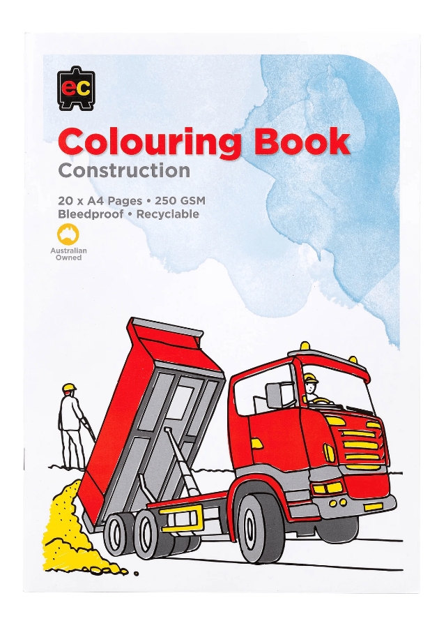 Construction colouring book with dump truck and bulldozer illustration on cover