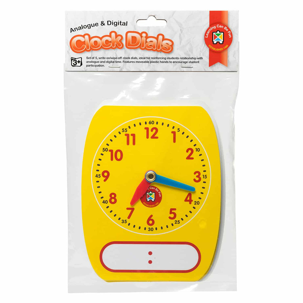 Yellow clock dial teaching card with analog hands and write-on wipe-off strip