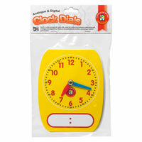 Yellow clock dial teaching card with analog hands and write-on wipe-off strip