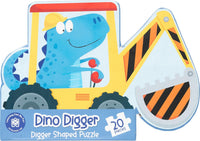 Dinosaur digger-shaped jigsaw puzzle box, blue truck with striped scoop, 20 pieces