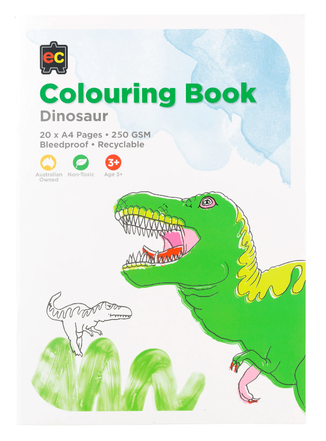Dinosaur colouring book cover with green cartoon dinosaur and title text