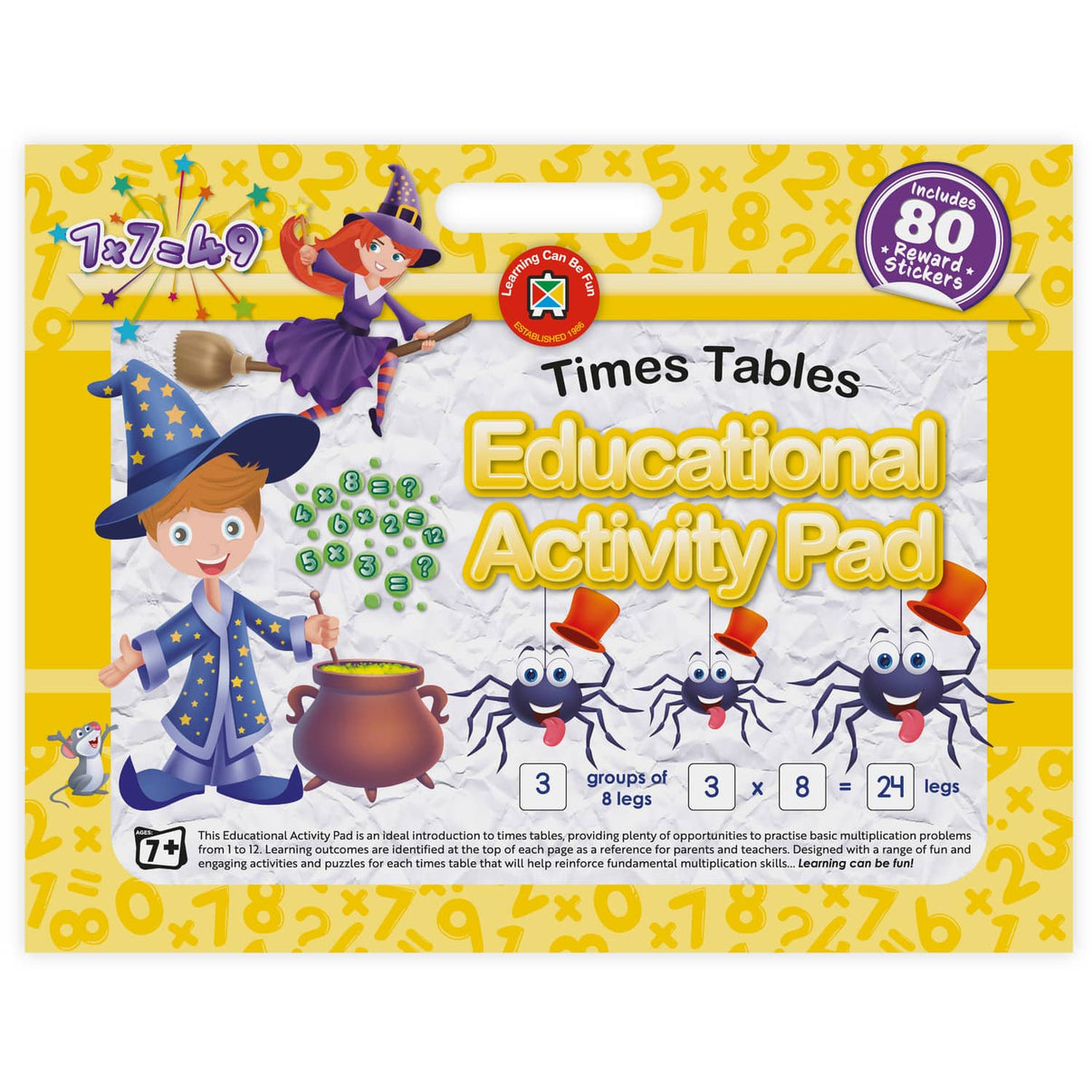 Educational activity pad cover with times tables, cartoon children, and math problems and stickers