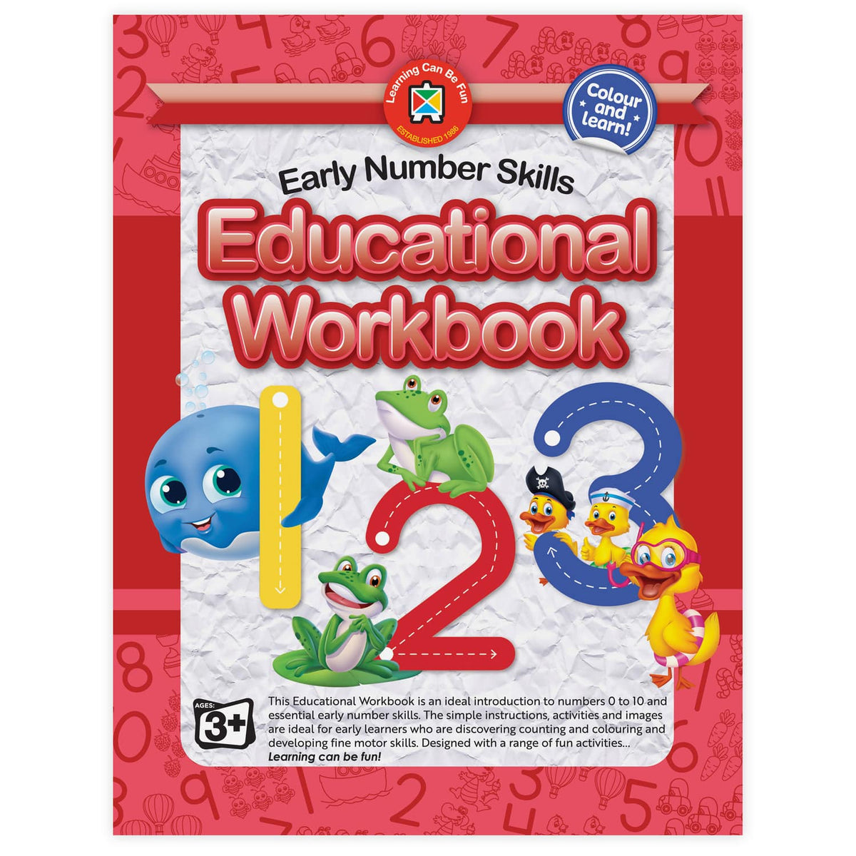 Red educational workbook cover with cartoon animals and large numbers 1,2,3