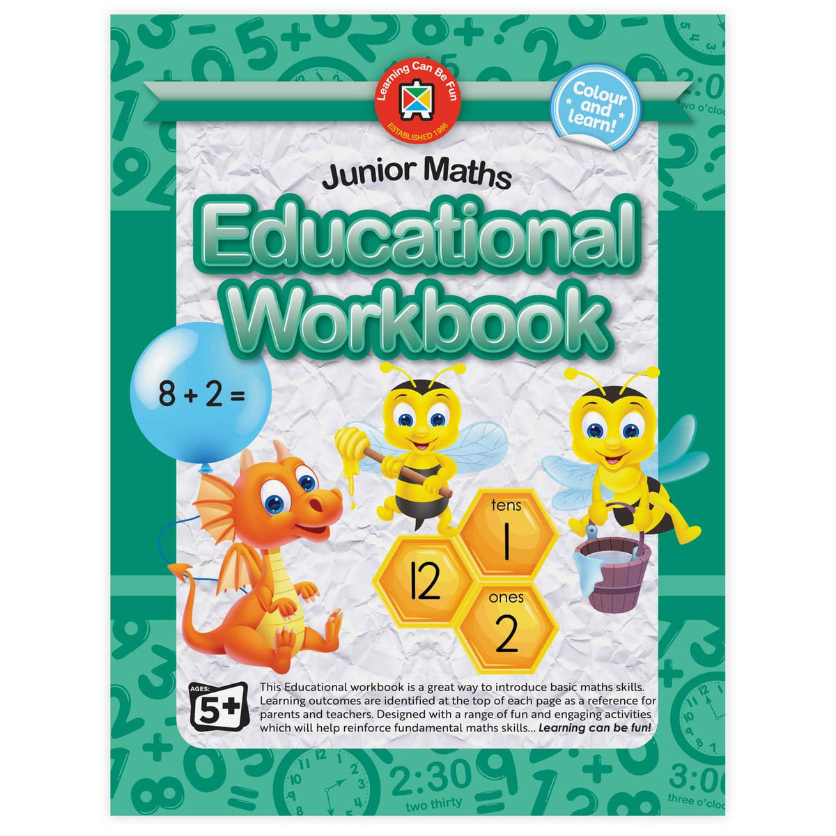 Math educational workbook cover with cartoon characters, numbers 8+2, and geometric blocks