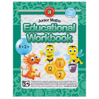 Math educational workbook cover with cartoon characters, numbers 8+2, and geometric blocks