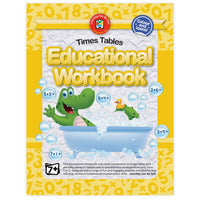 Times tables educational workbook with dinosaur math theme on yellow cover