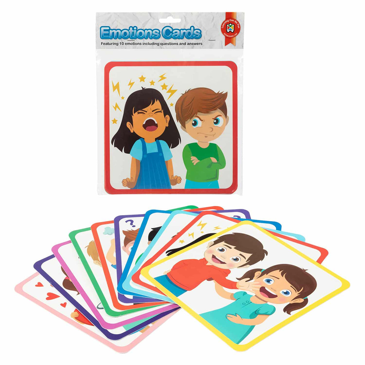 Plastic emotions cards set with illustrated kids faces and expressions, 10 cards