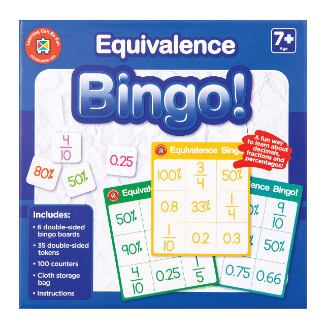 Equivalence bingo board game in box with large Bingo title and fraction squares