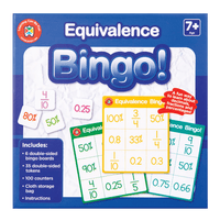 Equivalence bingo board game in box with large Bingo title and fraction squares