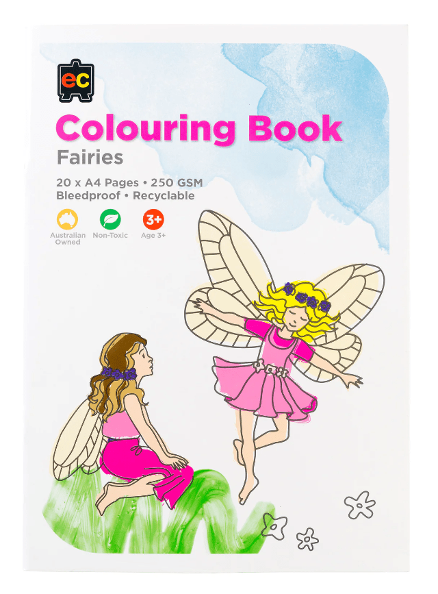Fairies colouring book with cover illustration of a pink-dressed fairy and wings