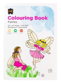 Fairies colouring book with cover illustration of a pink-dressed fairy and wings