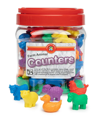 Jar of farm animal counters with colorful animal figurines and red lid