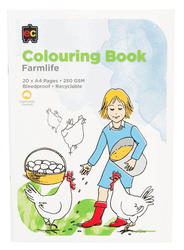 Kids farm colouring book with illustrated cover, child and chickens, basket of eggs