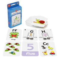 Alphabet and number flash cards set with frog, letters F–H, number five, and animal cards