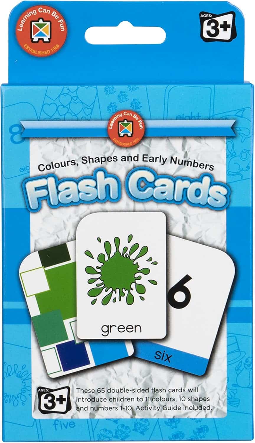 Kids flash cards packaging, with green 6 card and shape tiles