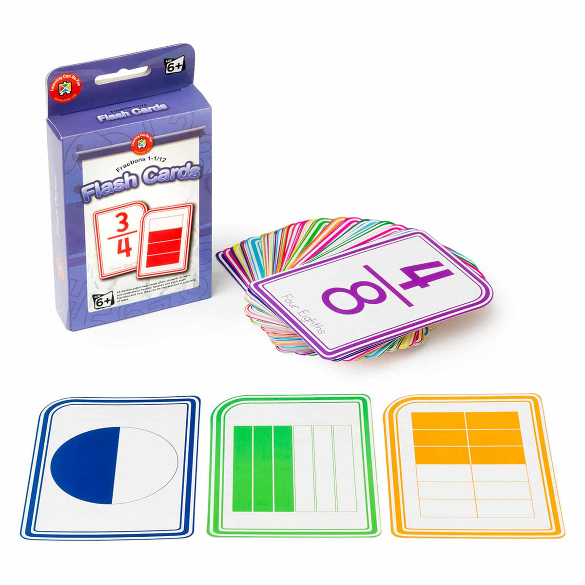 Fraction flash card set with number cards showing 3/4 and fraction visuals