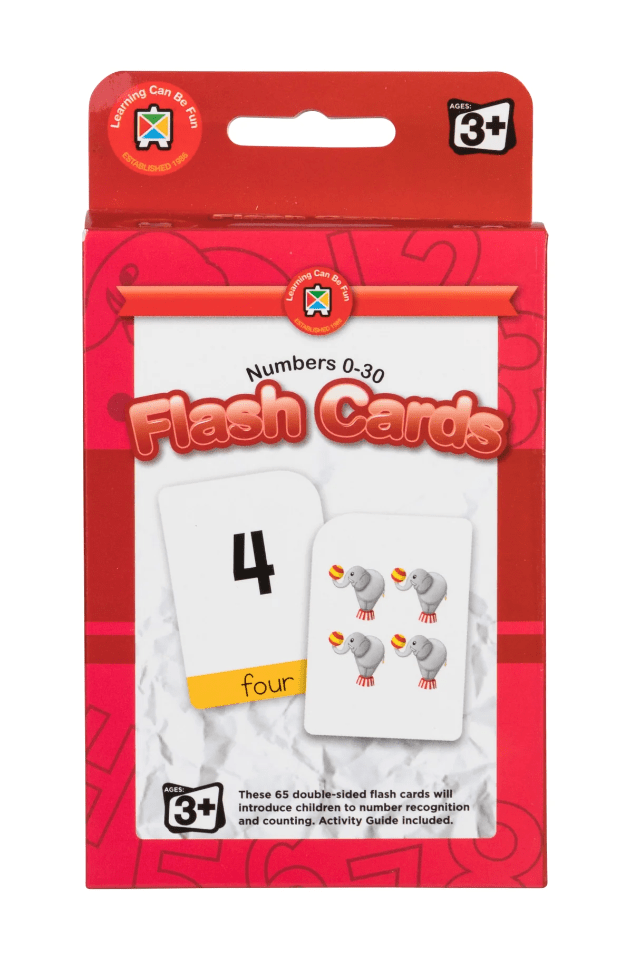 Packaged number flash cards with card showing 'four' and small dog illustrations