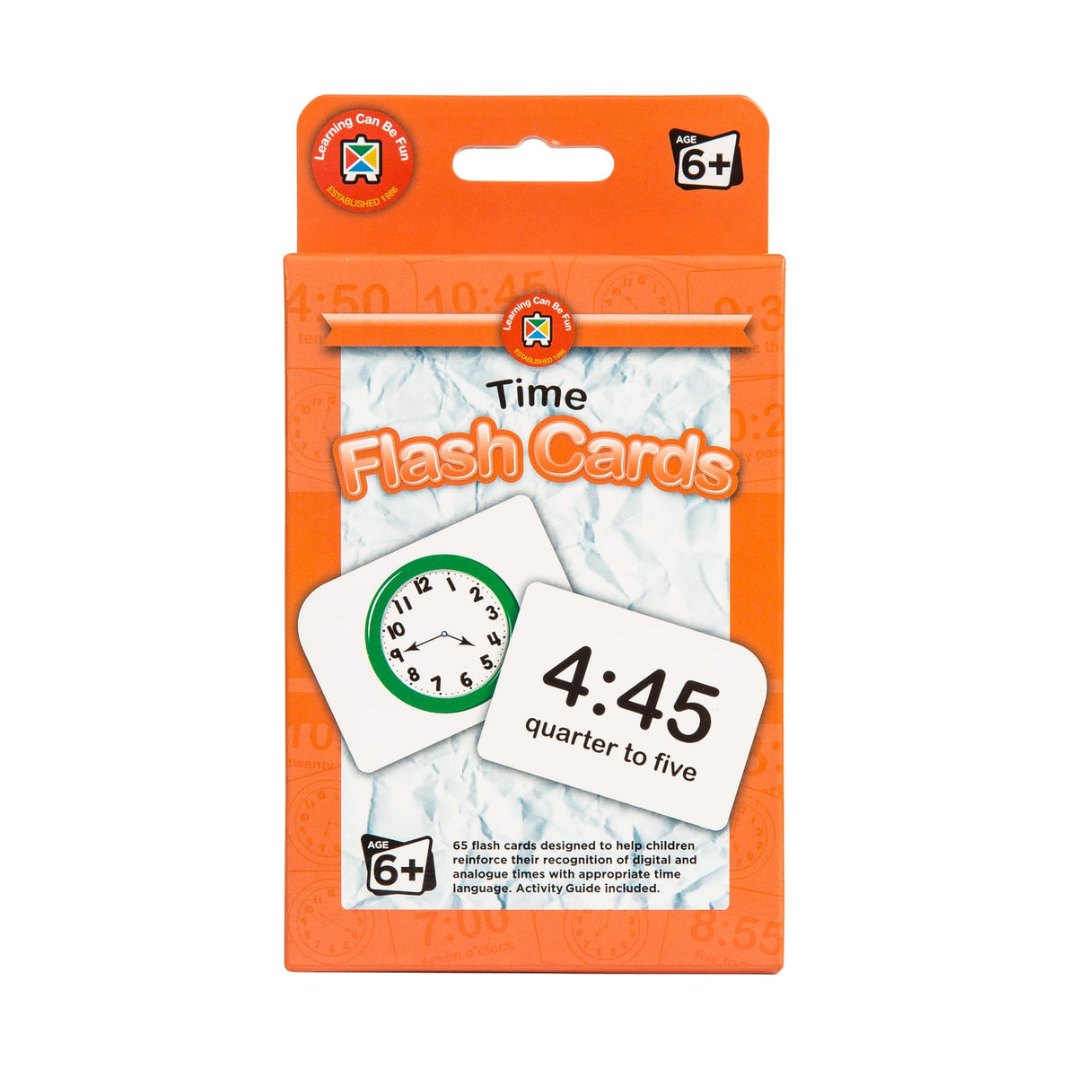 Time flash card set in orange box, featuring clock card for 4:45 quarter to five