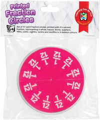 Printed fraction circle with multiple segments labeled with fraction numerals on a wheel