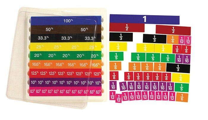 Fraction tile set with tray, colorful numbered pieces showing fractions