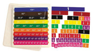 Fraction tile set with tray, colorful numbered pieces showing fractions
