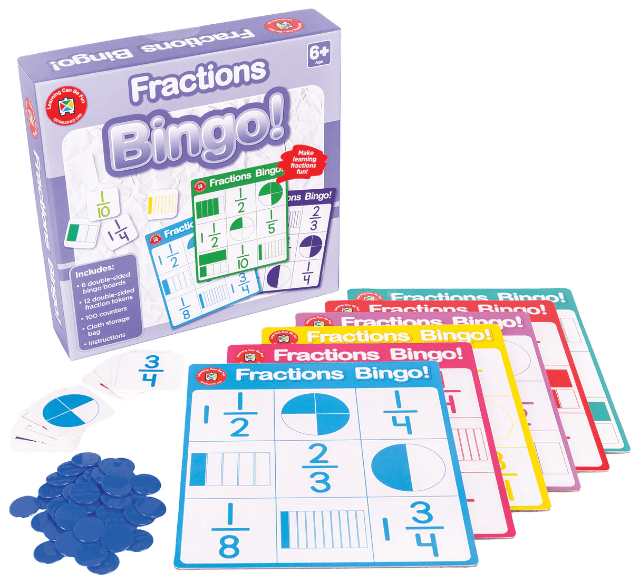 Fractions Bingo board game set with fraction cards, tiles, and blue counting pieces