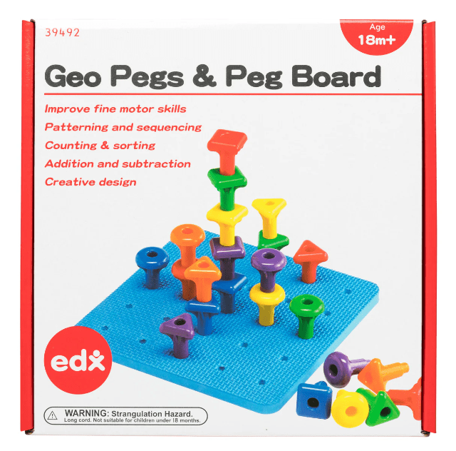 Retail box for peg board set with colorful pegs shown on blue base