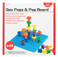 Retail box for peg board set with colorful pegs shown on blue base