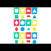 Geometry stencil set with 12 colored pieces, featuring triangles, circles, stars