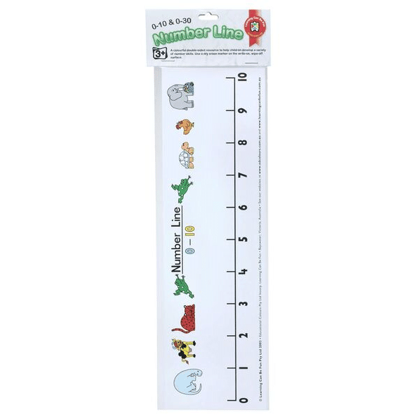Double-sided number line learning chart with animal stickers and numbers 0–10, 0–30