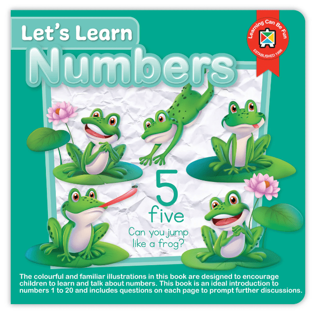 Numbers board book cover with 'Let's Learn Numbers' text and green frogs