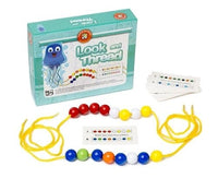 Kids threading bead craft kit with strings, beads, and instruction sheet