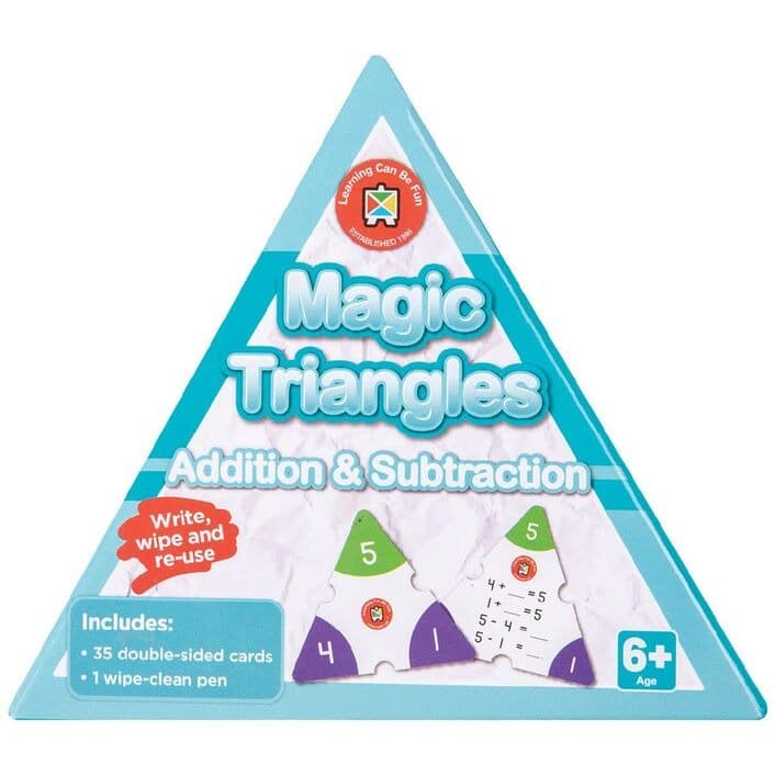 Learning math triangle card set in turquoise box, addition and subtraction, includes pen