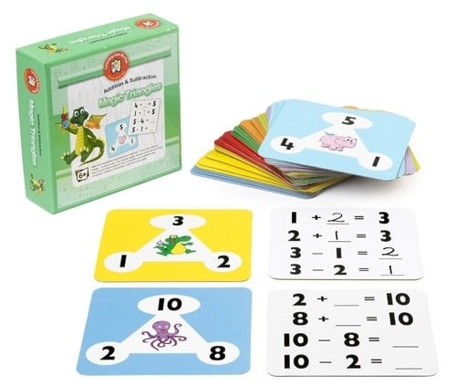 Math learning card game with addition and subtraction triangles, colorful card deck and box