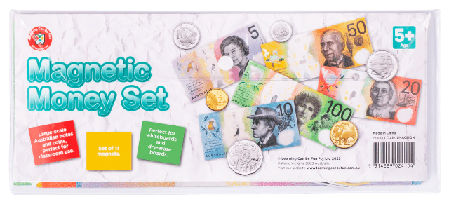 Magnetic money set in clear box with coins and play banknotes