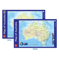 Australia map poster with blue ocean, country labels, and Australia title text