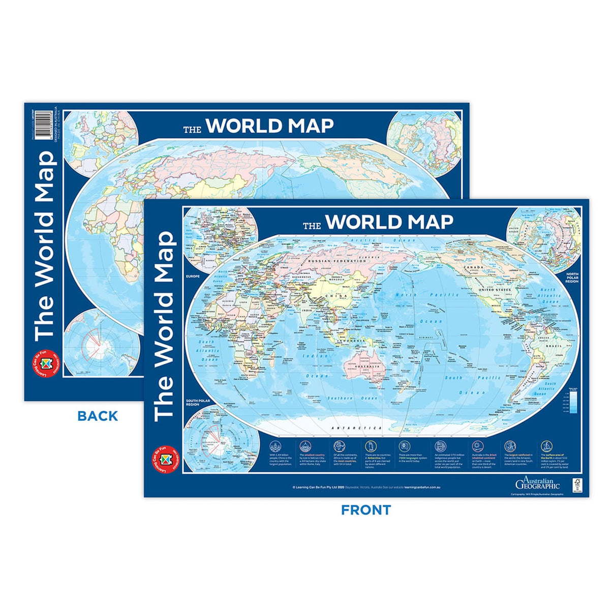 World map poster set with blue oceans and colorful continents, shown front and back