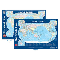 World map poster set with blue oceans and colorful continents, shown front and back